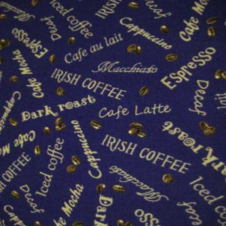 elizabeth studios love coffee fabric blue