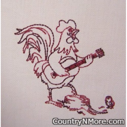 embroidered guitar playing rooster tea towel