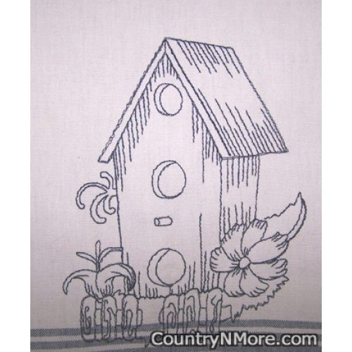 embroidered birdhouse tea towel