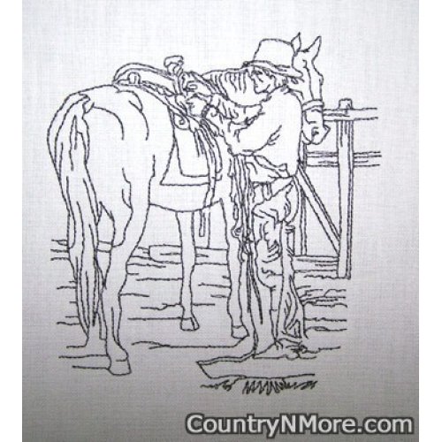 embroidered saddle up time tea towel