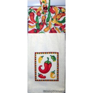 colorful appliqued chili pepper oven door towel