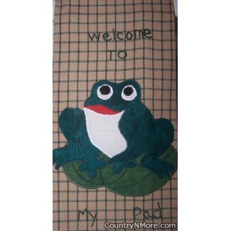 welcome pad appliqued frog kitchen towel