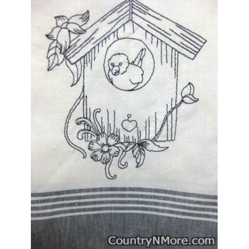embroidered bird flower birdhouse kitchen tea towel