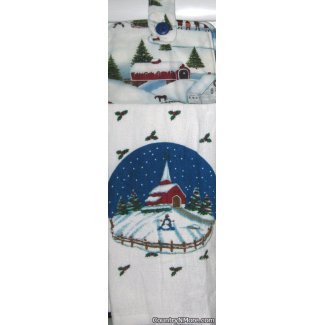 winter town scene covered bridge oven door towel