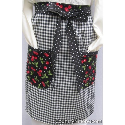 cherries plaid vintage waist apron