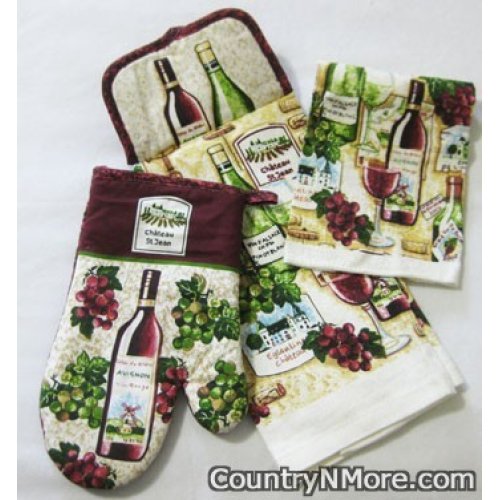 chateau wine oven door towel dish cloth mitt set