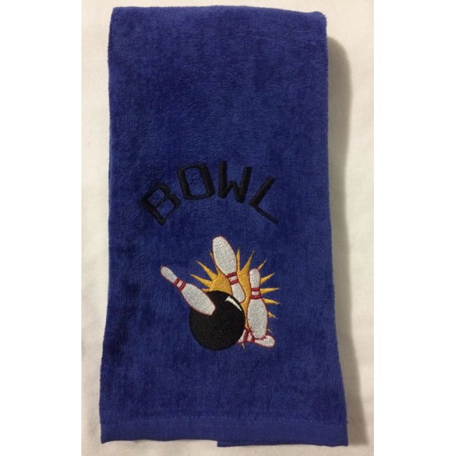 Embroidered Bowling Pin and Ball Royal Blue TowelBlack Font