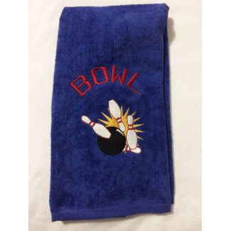 embroidered bowling pin ball royal blue velour towel